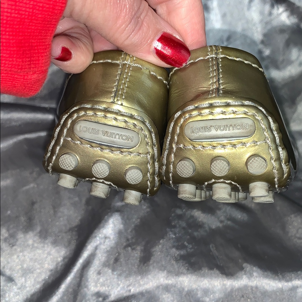 LV Olive Goldish Ballet Flats with Bold Stitches Accent previously worn
